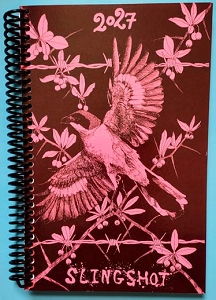 Slingshot Desk Planner.  2027 Edition is Now in Stock!   Radical dates for every day, reasons to riot.  Spiral-bound Larger size Slingshot. Colors Vary. 